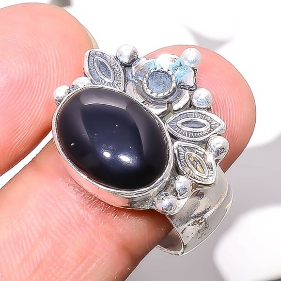 Hand Crafted Jewelry - Unisex Handmade Black Jasper Gem 925 Silver Ring